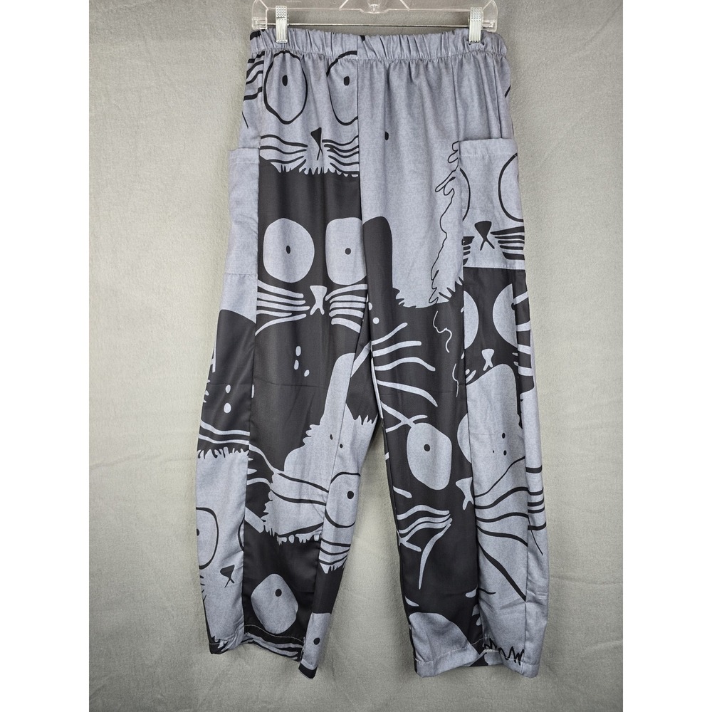 Cartoon Cat Print Lounge Pants Women XL Grey Black Wide Leg Casual Whimsical